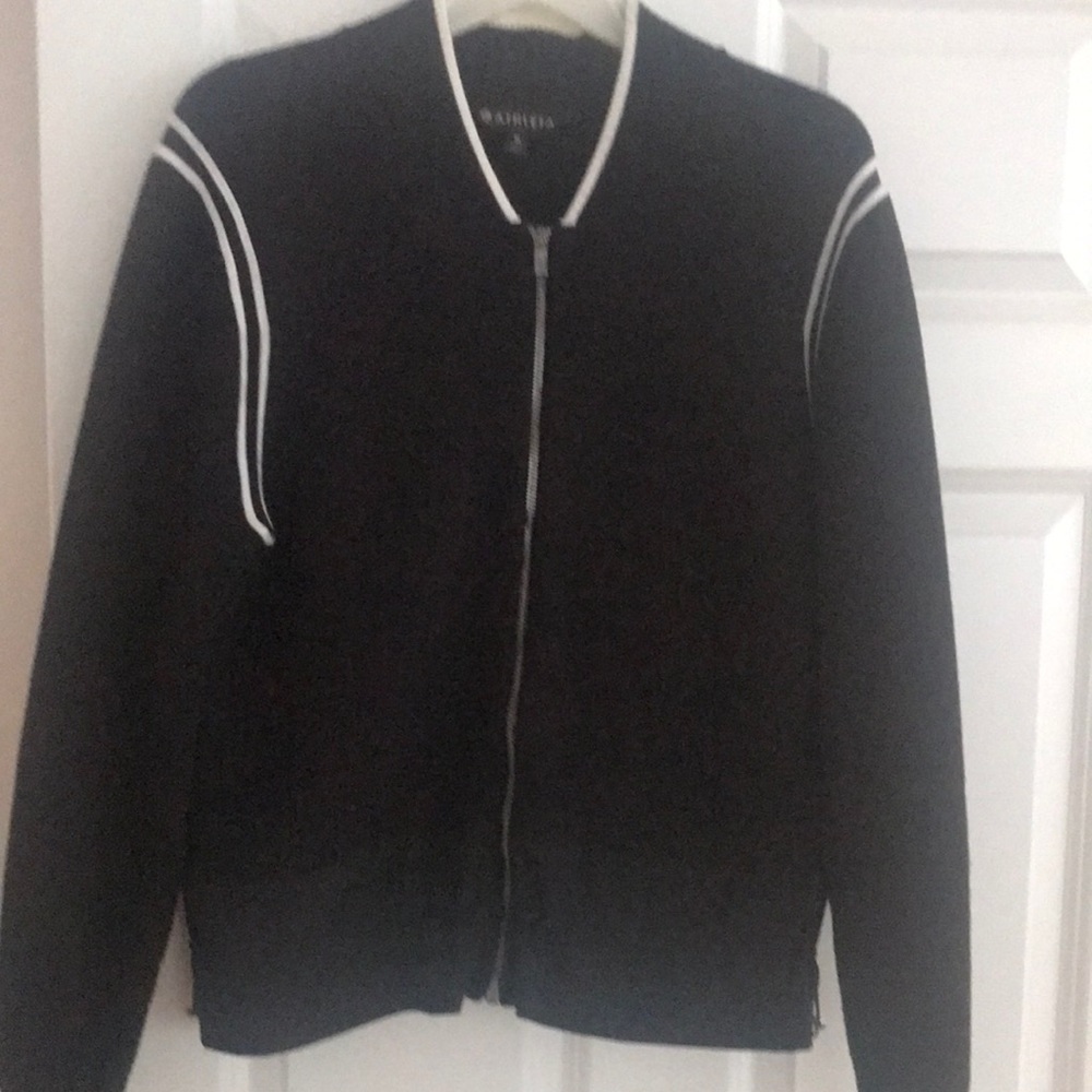 Black Athleta sweater jacket with front zipper and adjustable waist.